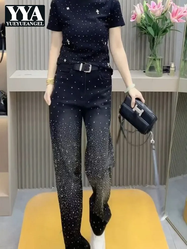 

Новые весенние женские джинсы с блестящими стразами, с высокой талией, прямые, из денима, модные, свободные, повседневные, широкие, длинные брюки, размер 4XL