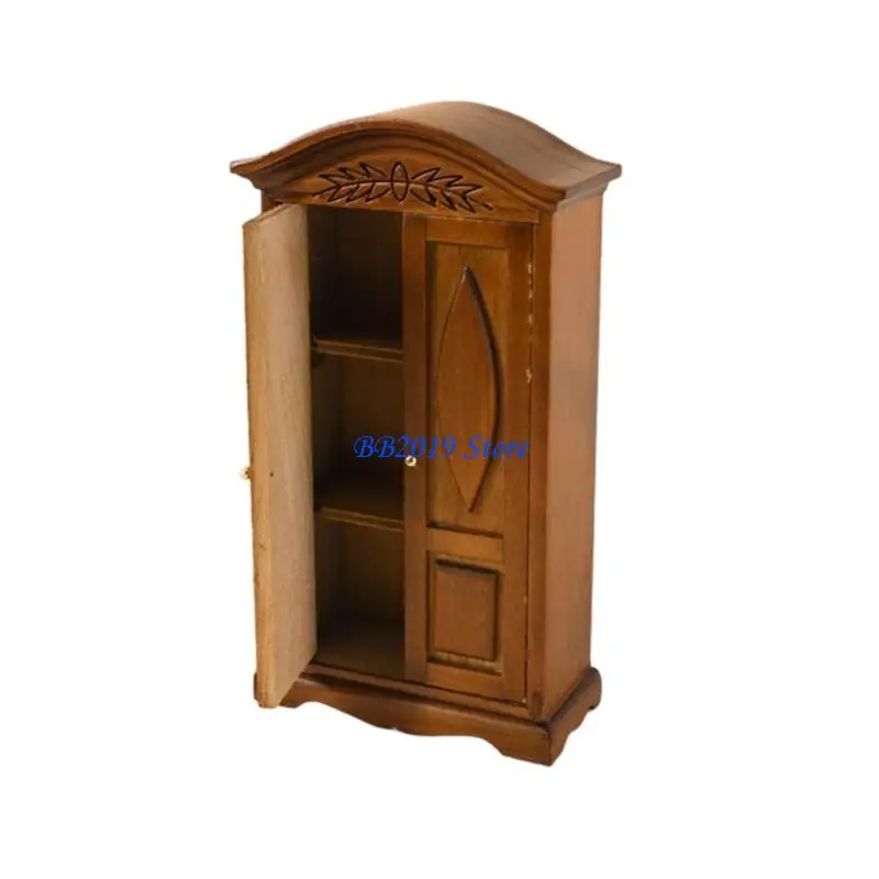 

Q0KB Miniature Wooden Doll Wardrobe With Functional Double Door 1/12 Scale Antique Cabinet For Dollhouses Scene Layouts