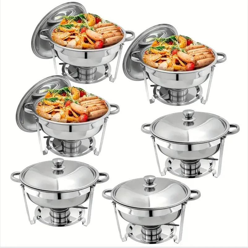 

6 Packs 5-Qt Stainless Steel Round Chafing Dish Buffet Set - Includes Food and Water Trays, Buffet Warmers, and Serving