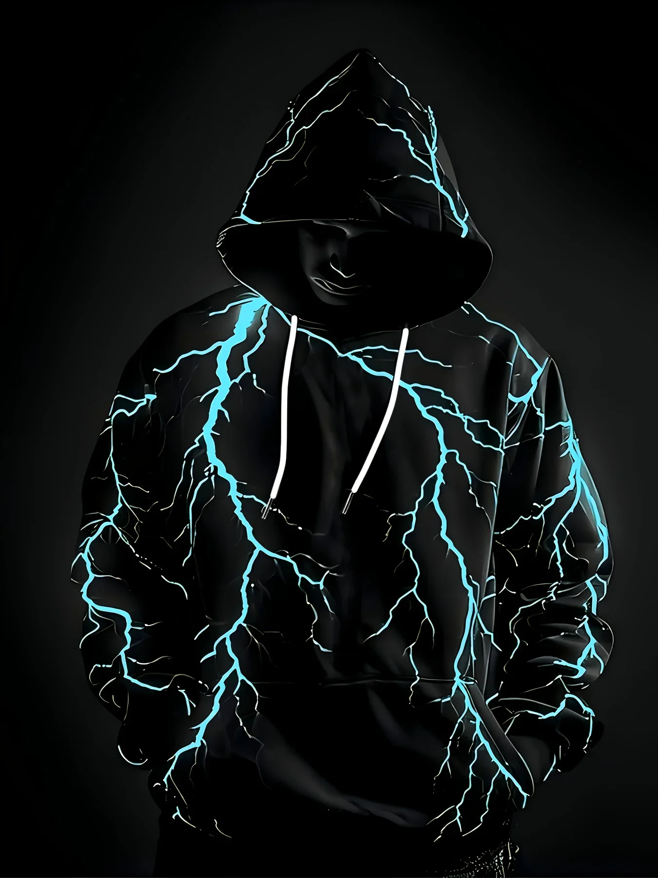 Unisex Bright Cyan Lightning Vein 3D Full Print Hoodie Dark Abstract Tech Style Loose Casual Hooded Pullover