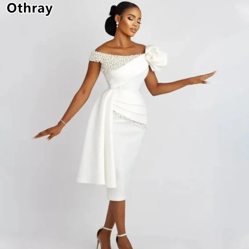 Othray Satin Pearls Short Wedding Dresses Pleats Off the Shoulder Evening Dresses Luxury Party Dresses Wedding Guest Gowns