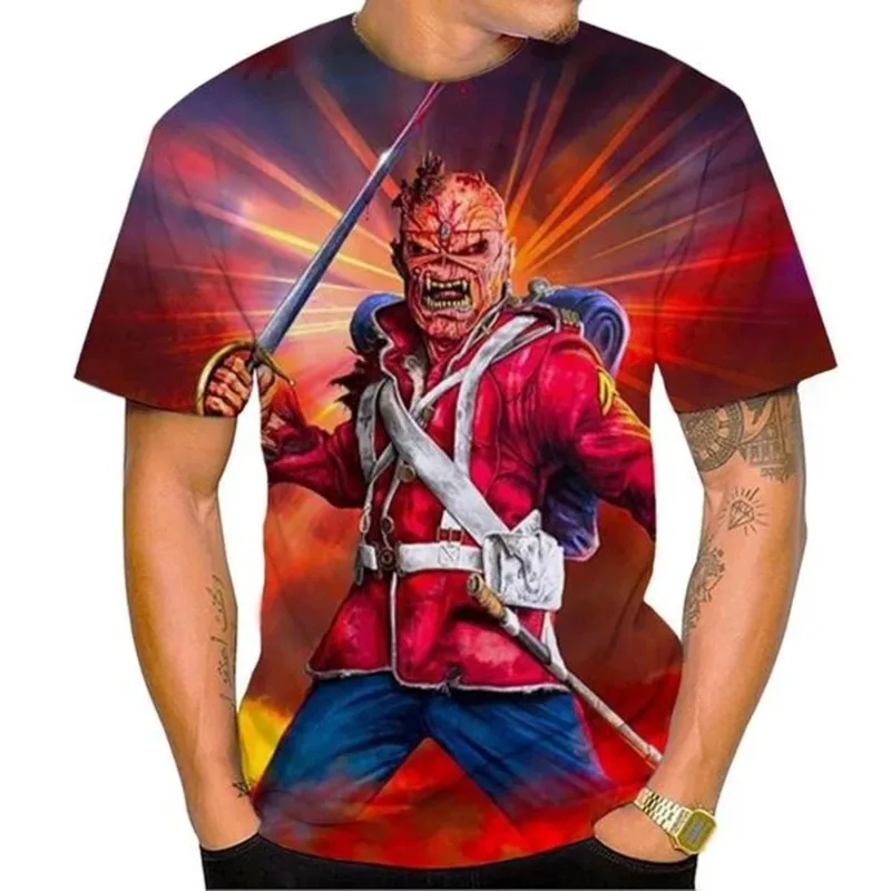 Men's Eddie Soldier Short Sleeve T-Shirt, Iron Maiden Demon Warrior 3D All Over Print Tee, Breathable Fashion Summer T-shirt
