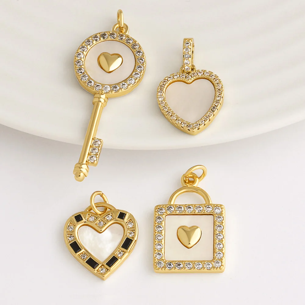 OCESRIO White Crystal Shell Heart Big Key Pendant for Necklace Copper Gold Plated Purse Charm Jewelry Making Component pdta055