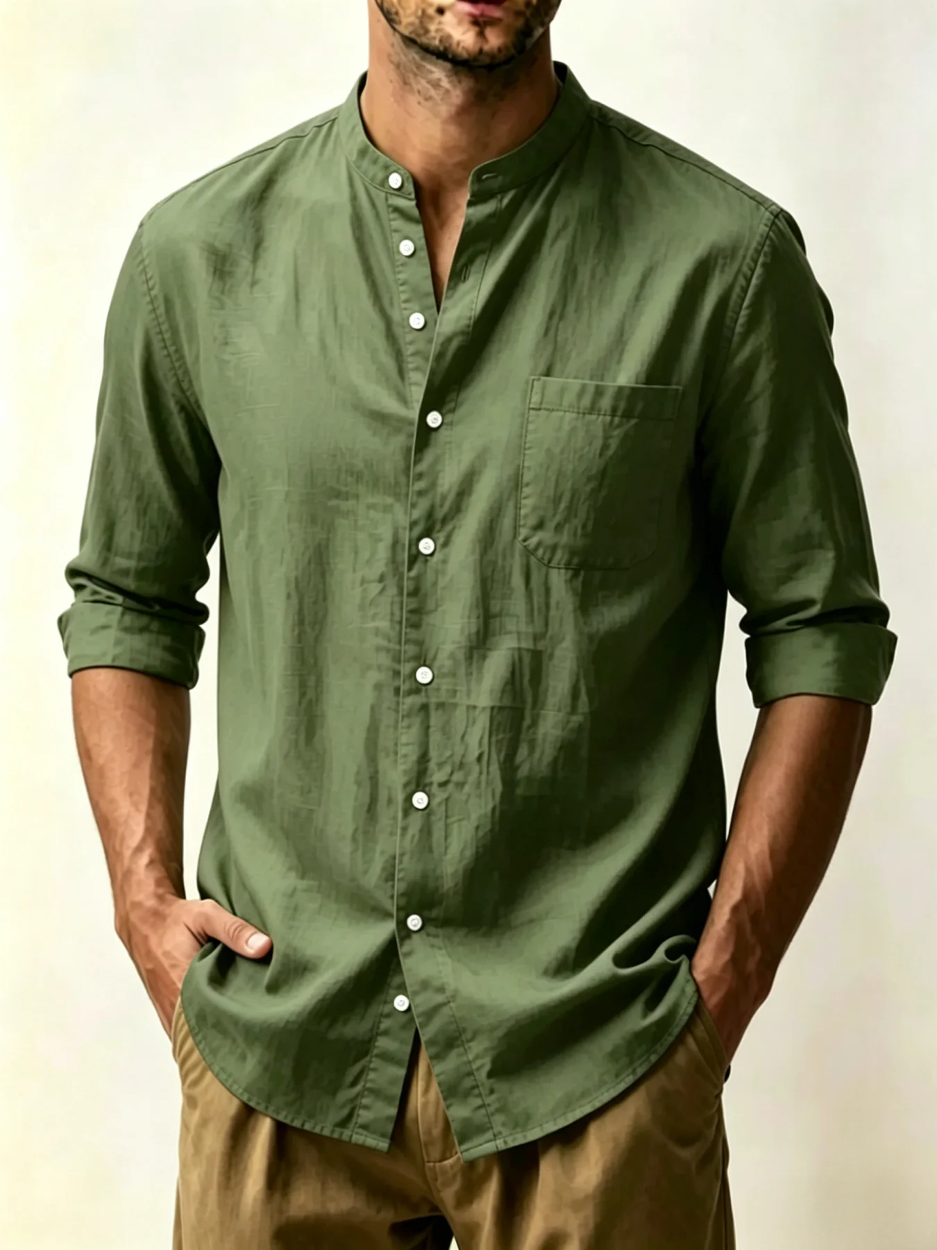 

Men's Mandarin Collar Linen Blend Long Sleeve Shirt, Full Button Placket Chest Pocket Casual Summer Vacation Blouse