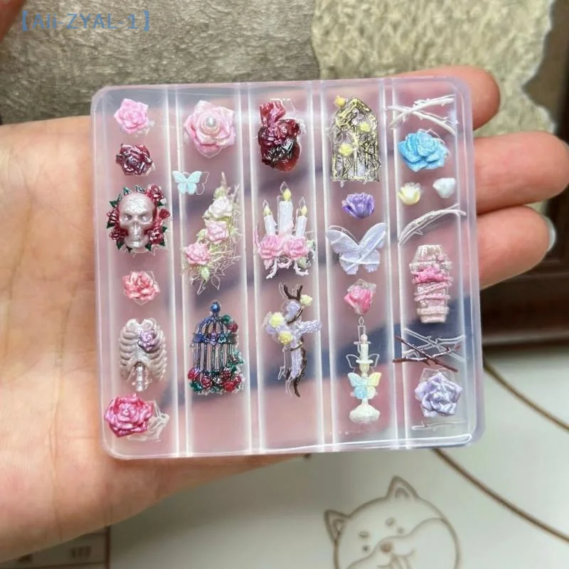 【ZYAL-1】3D Transparent Nail Mold DIY Nail Art Decoration Rose Candlestick Skull Butterfly Birdcage Nail Art Carving Mold