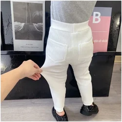 2026 New Kids Pants Girls Leggings Spring Autumn Ribbed Thin Trousers Baby Boys Pure Cotton Pocket Children's Pants
