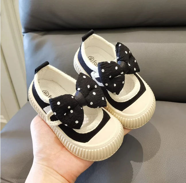 Girls Canvas Shoe Fashion Polka Dot Bow Kids Casual Shoe Shallow Soft Sole Princess Shoe Toddler Flat Sneakers School Girl Shoes