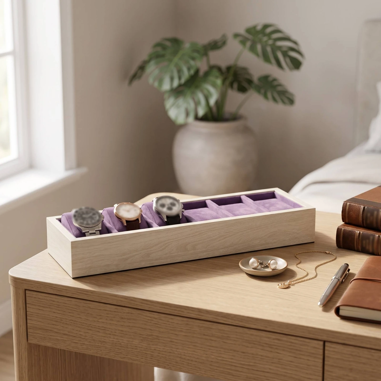 Watch Display Tray Slim Watch Tray with Velvet Velvet-Lined Cushioned Compartmentalized for Collectors, Countertop, Dresser
