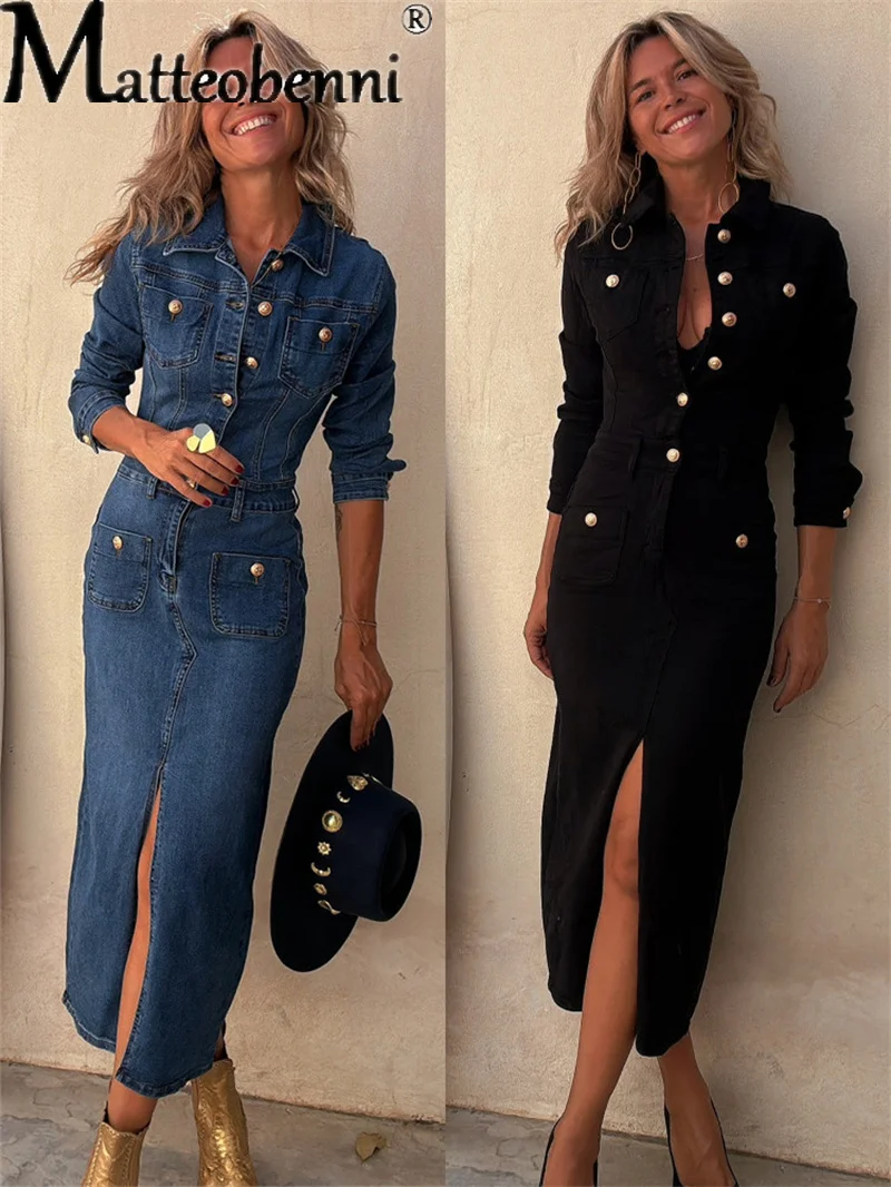 

Streetwear Buttons Denim Dress Autumn Women 2025 Turn Down Collar Jean Dresses Female Vintage Casual Cowboy Long Dress Vestidos