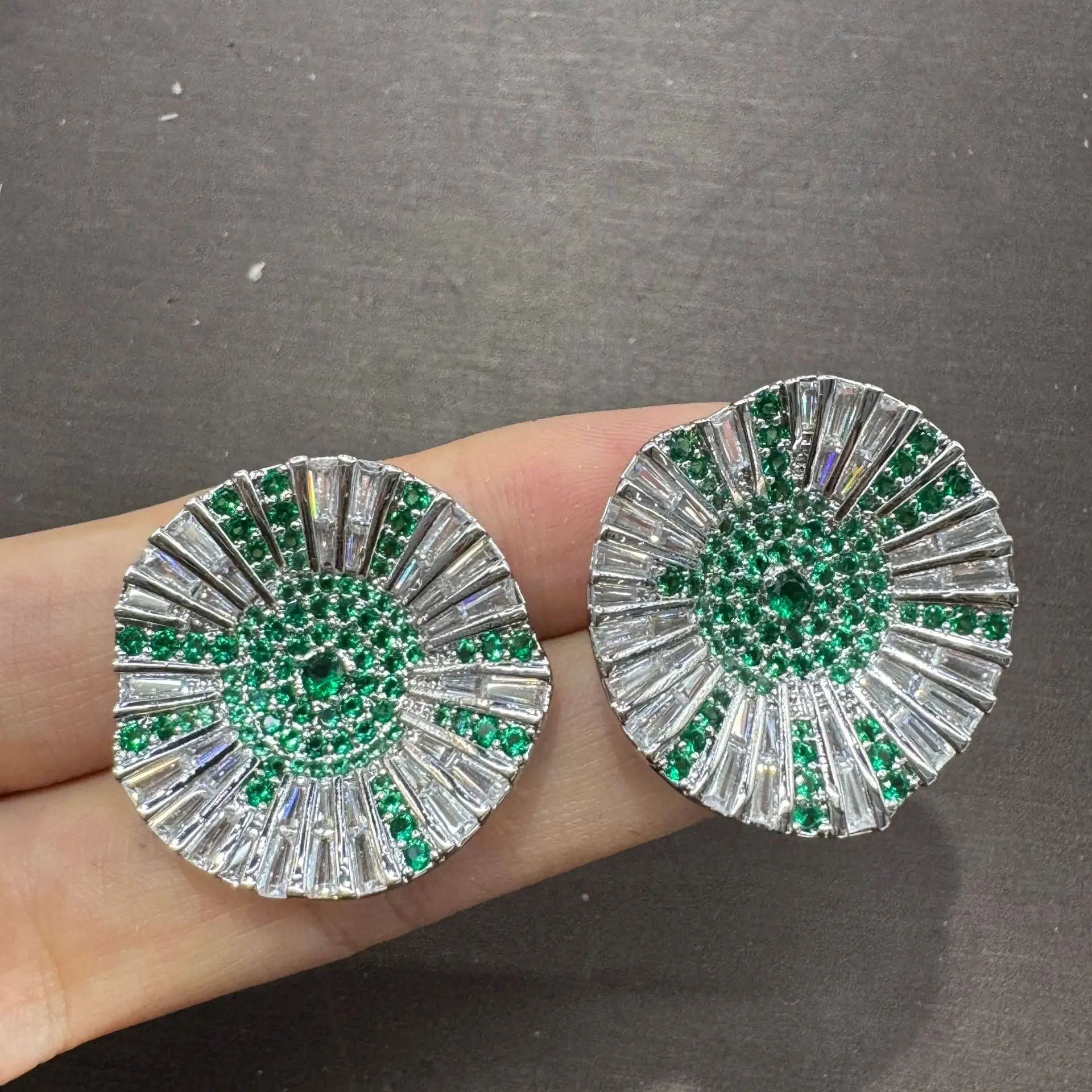 

zirconia earrings and ring for women shiny luxury jewelry green silver gold color zircon round shape stud earrings gift female