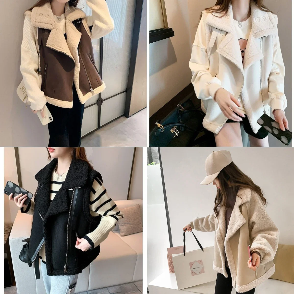 2024 Autumn Female Fashion Faux Leather Lambswool Patchwork Sleeveless Vest Jacket Thickening Warm Zip Waistcoats Coat