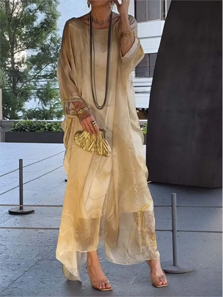 Women Elegantย Bat Sleeved Loose Party Dress Summer Chiffon Printed Marble Leisure Robe Round Neck Fashionable Vacation Dresses