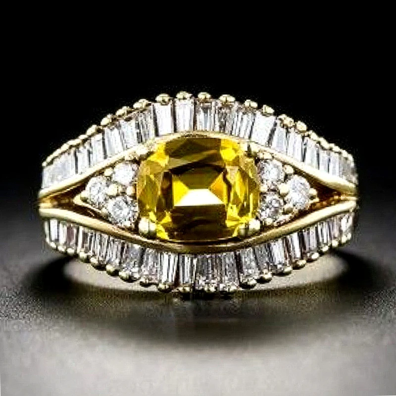 Modischer Doppellagiger Funkelnder Gelber Synthetischer Zirkonia Ehering für Frauen Vintage Klassischer Jubiläums-Schmuck Accessoire