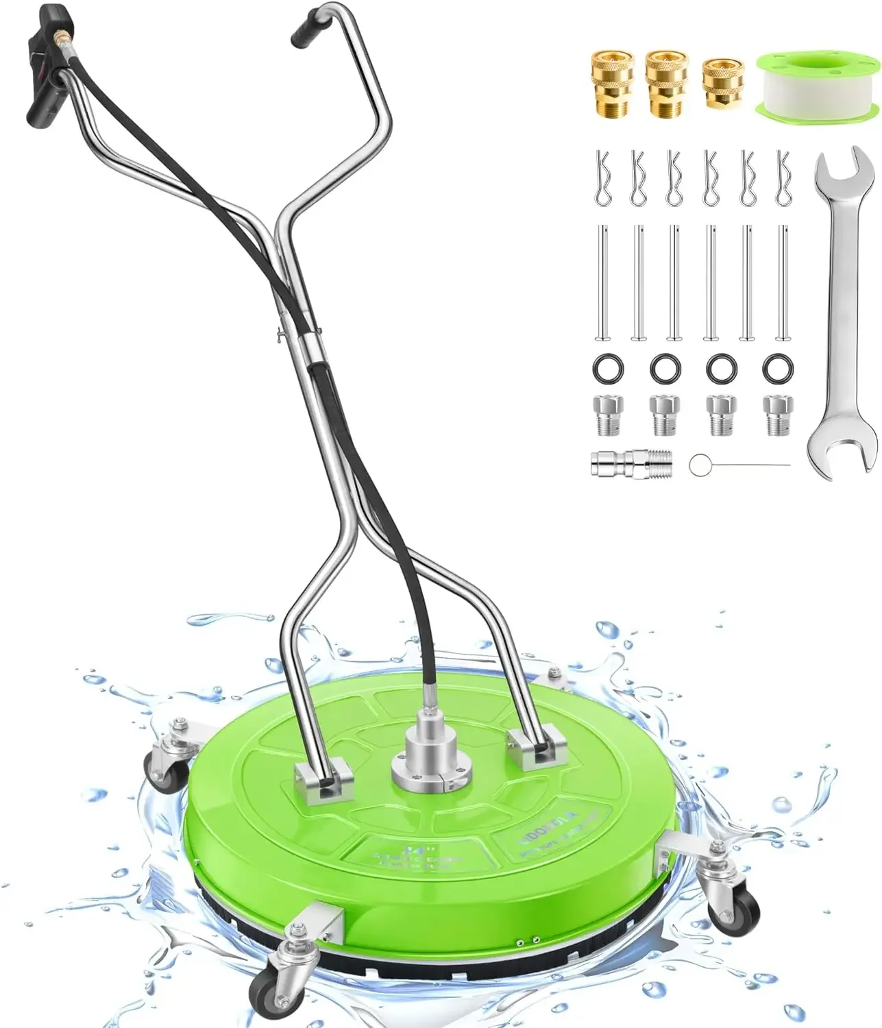 24“ Pressure Washer Surface Cleaner with 4 Wheels - Coated Green Dual Handle Stainless Steel Surface Cleaner for Pressure Washer