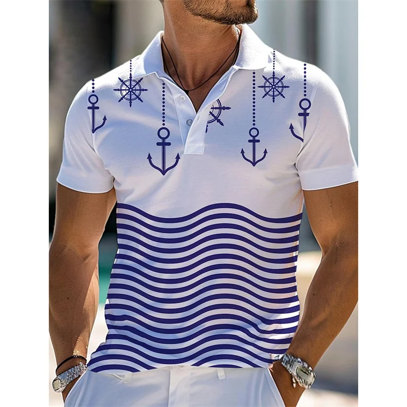 3D Printed Striped Anchor Polo Shirt For Men Color Block Pattern T-Shirt Summer Casual Lapel Tops Loose Short Sleeve Street Tees