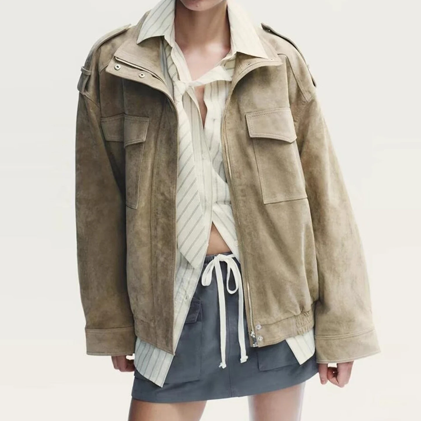 Damska kurtka skórzana na jesień 2025 z aksamitną teksturą, odzież wierzchnia, długi płaszcz na zamek błyskawiczny, casualowy płaszcz damski.