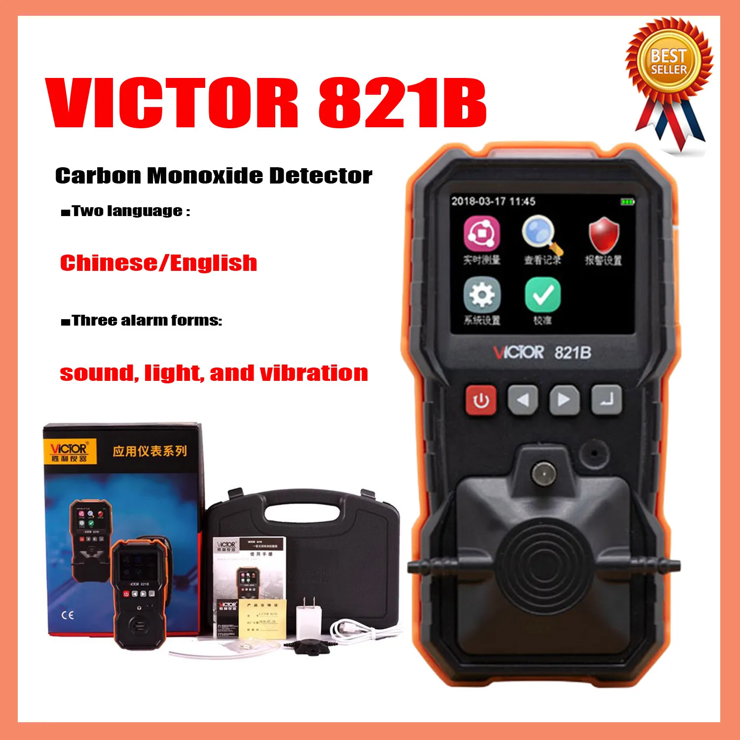 

VICTOR 821B VC821B Carbon Monoxide Detector Alarm Gas Portable Household Gas Concentration CO Switch between Chinese and English