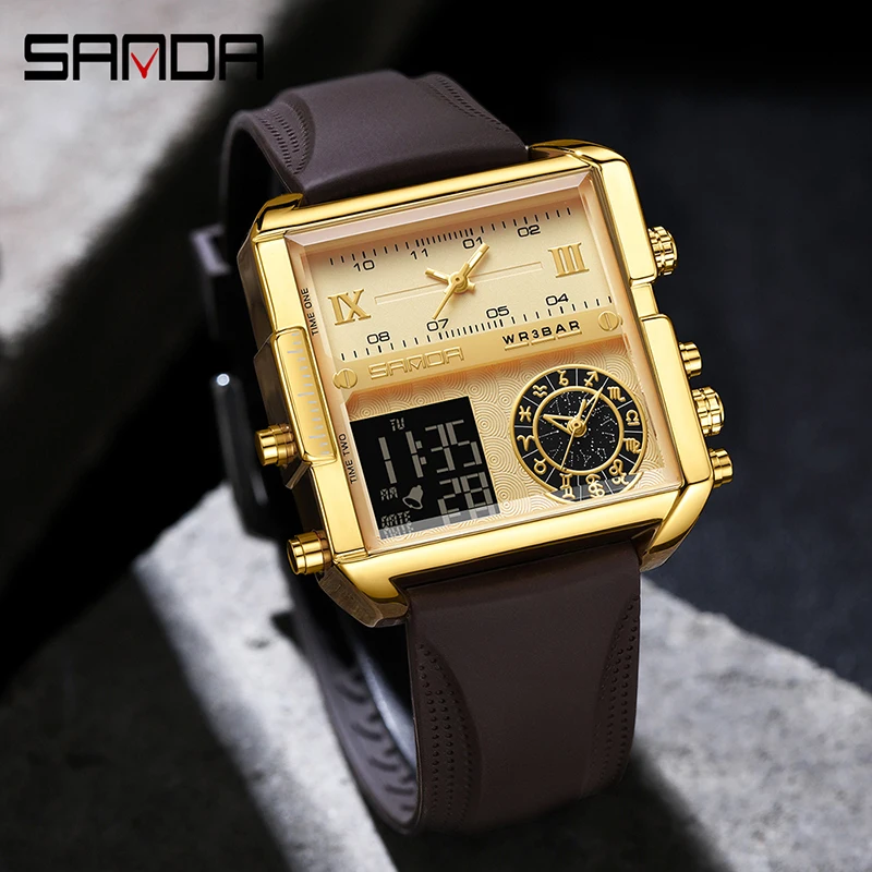 

2023 SANDA Brand Luxury Men's Silicone Sports Wrist Watch 50M three-display multi-functio nelectronic Watches Relogio Masculino