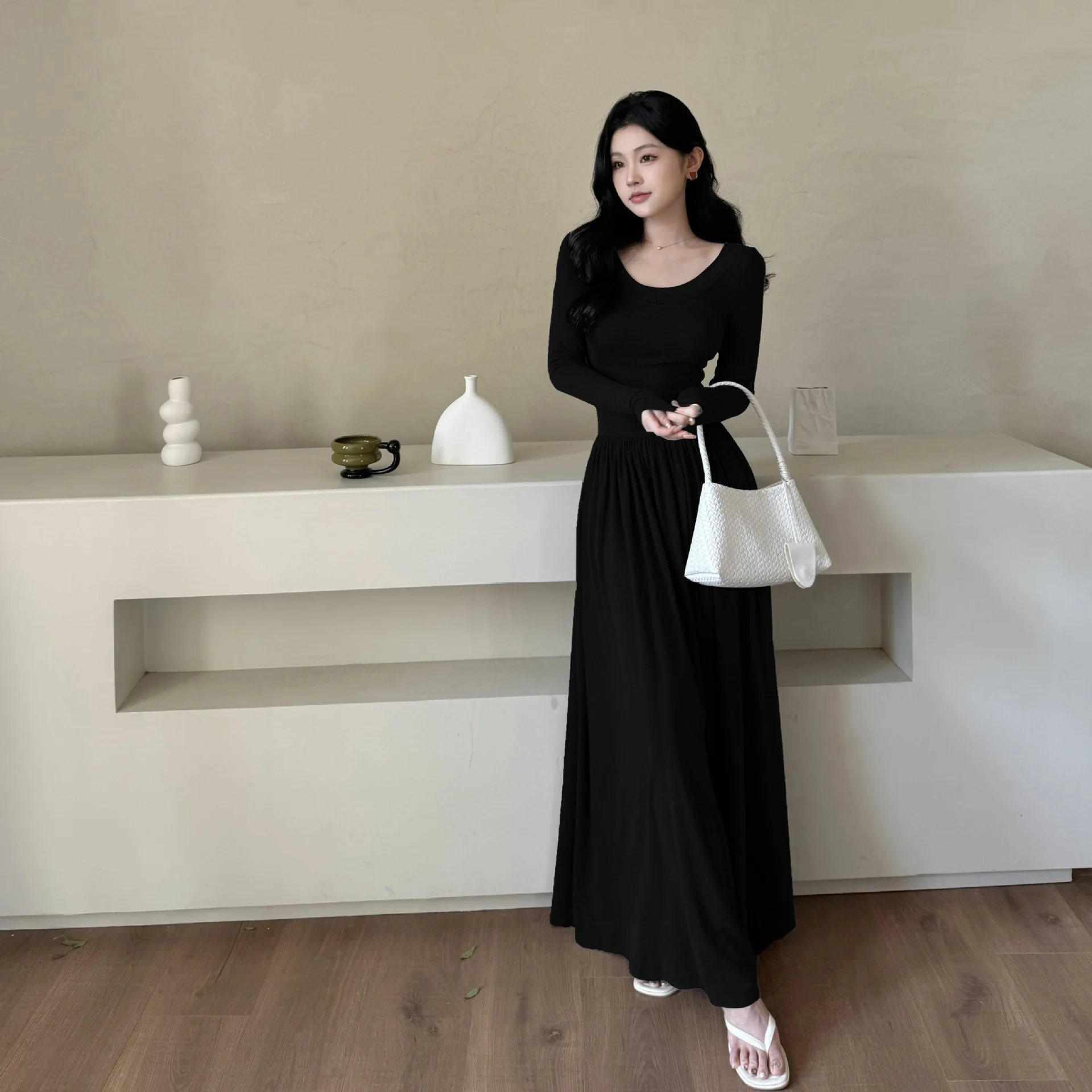 Abito da donna casual comodo a trapezio Nicchia Cravatta posteriore Dettagli ritagliati Abiti Semplice tinta unita drappeggiato Abbigliamento alla moda autunnale