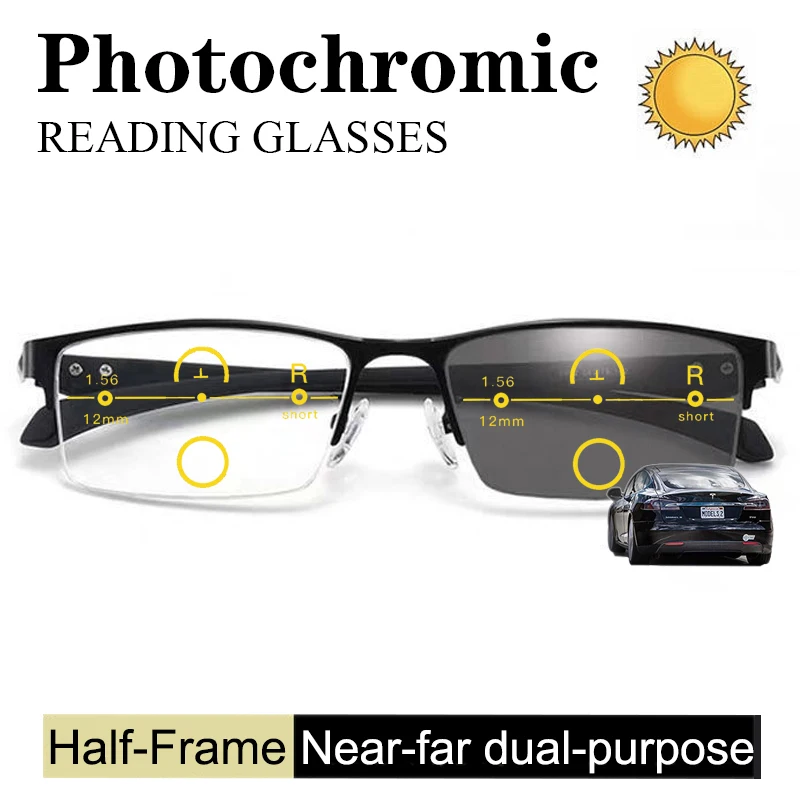 Half-Frame Photochromic Business Reading Glasses Fashion Men  Near-far dual-purpose multifocal Readers Eyewear Smart Anti-Blue