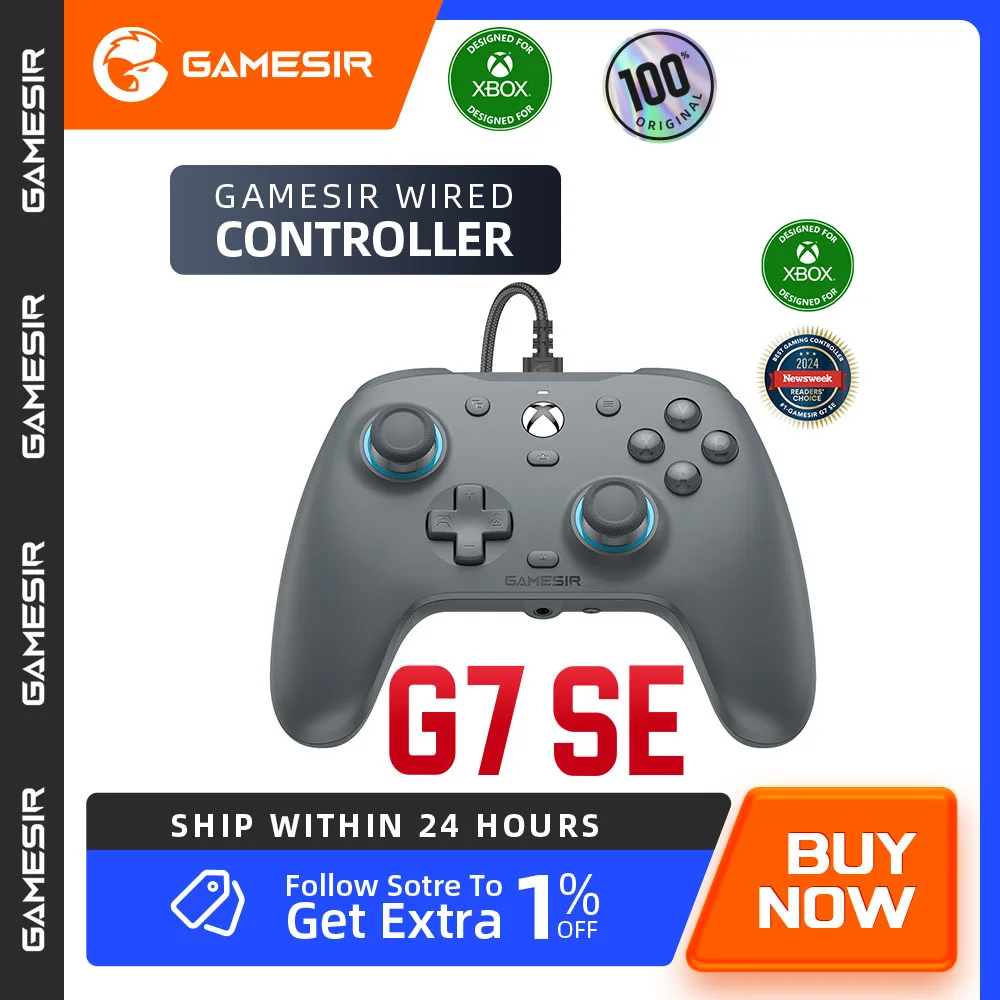 وحدة تحكم ألعاب Xbox باللون الرمادي GameSir G7 SE لوحة ألعاب سلكية مع أعواد تأثير القاعة لأجهزة Xbox Series X وXbox Series S وXbox One