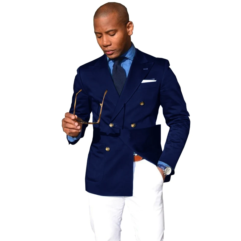 

High Quality Navy Blue Men's Suits Double Breasted Bespoke Peaked Lapel Formal Blazer Slim Fit Jacket 1 Piece Coat for Business