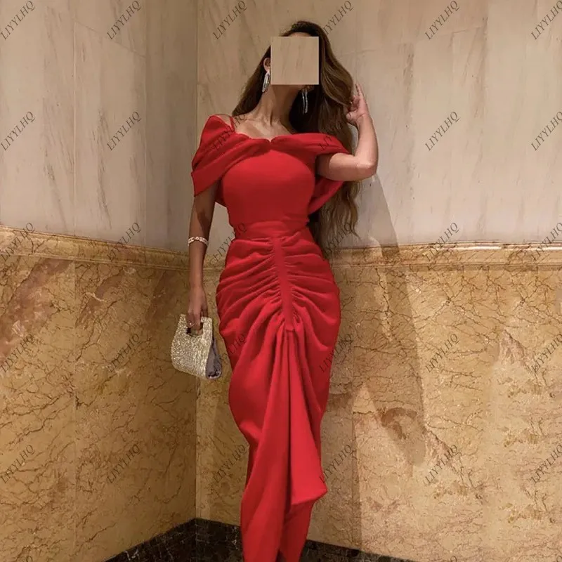 LIYYLHQ Halter-Neck Red Formal Dinner Party Prom Dresses Off The Shoulder Pleats Sexy vestidos de noche Mermaid Women Formal Gow