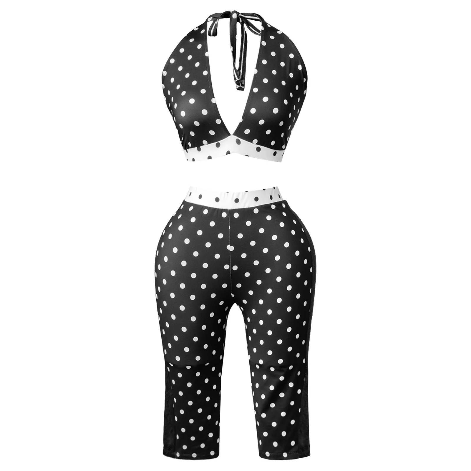 Women's Sexy Outfit Polka Dot Printed Halter Neck Backless Retro Crop Tops with Fifth Pants Beachwear Rave Party Night Clubwear view 3