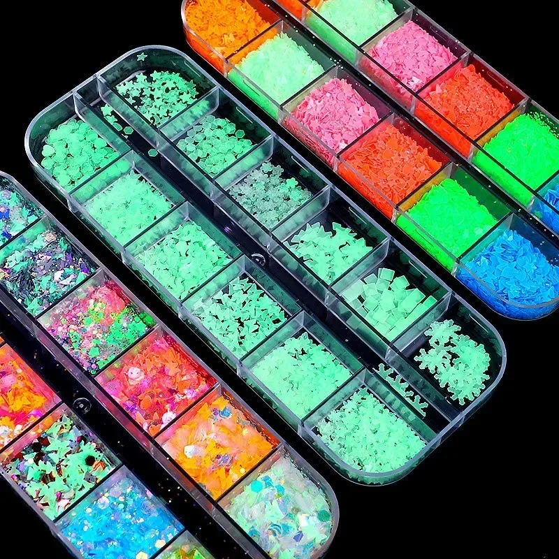 12 Grids/Set Mixed Size Nail Glitter Flakes 3D Sequins Powder Charm Nail Art Decoration Manicure Tools