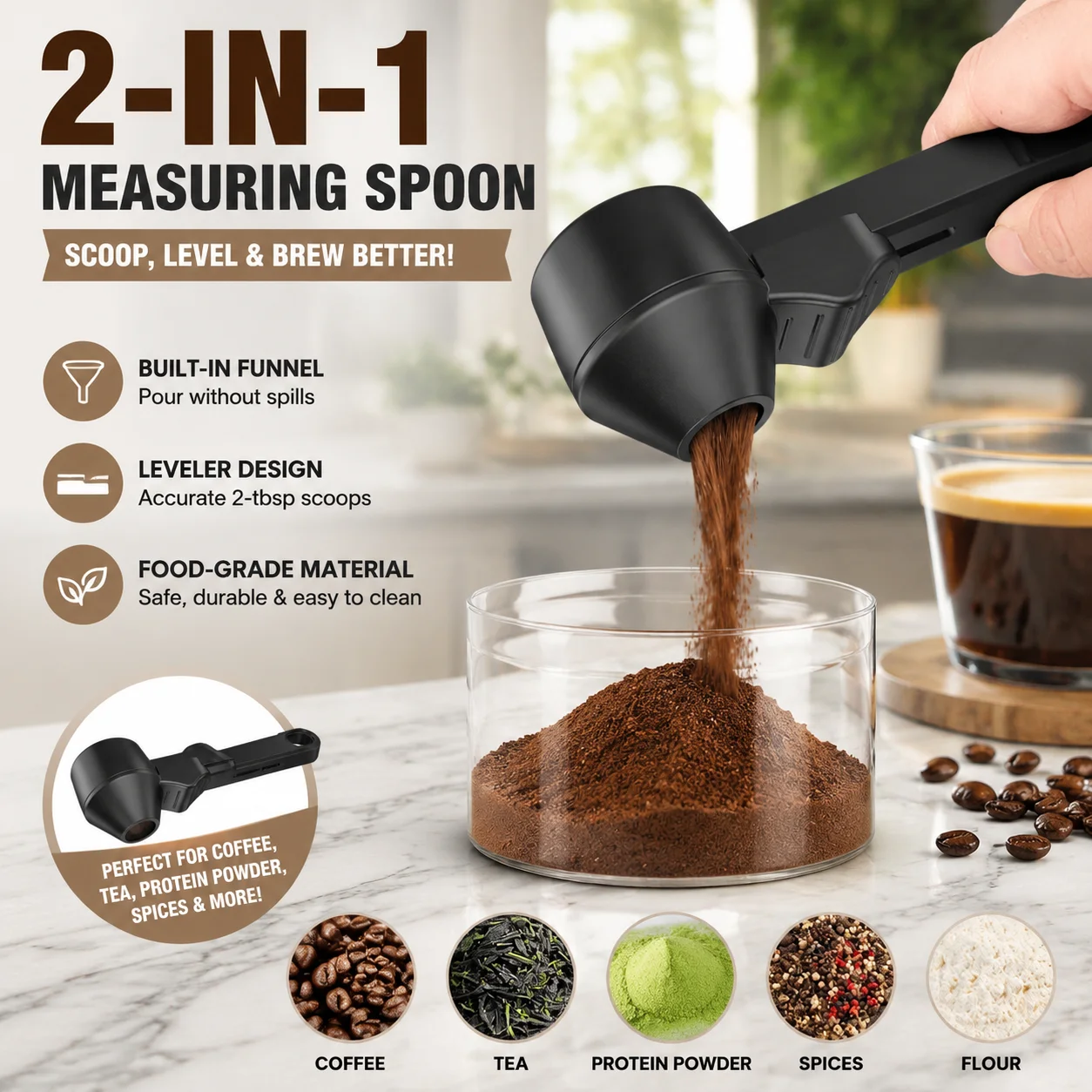 2-in-1 Coffee Scoop & Funnel, 2tbsp Measuring Spoon for Reusable K-Cup, No-Spill Refill Tool for Ground Coffee & Protein Powder