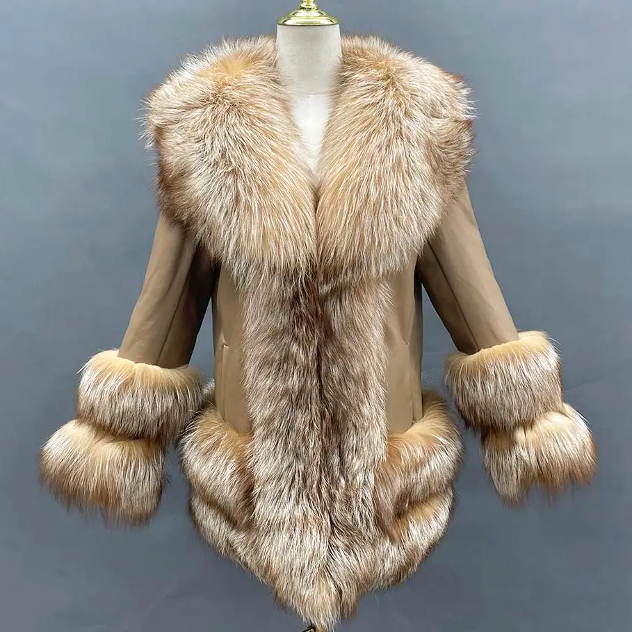 MISSJANEFUR Real Leather Jacket with Fox Fur Collar Trim for Women 2022 New Luxury Wholesale Long Fluffy Full Fur Sheepskin Coat