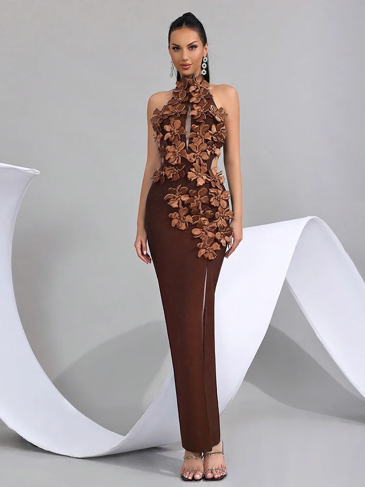 セクシーなイエローのホルターネック、花柄のキーホール付きマキシドレス – エレガントなハイ スリット バンテージガウン、女性用、透かし彫りの誕生日ロングドレス