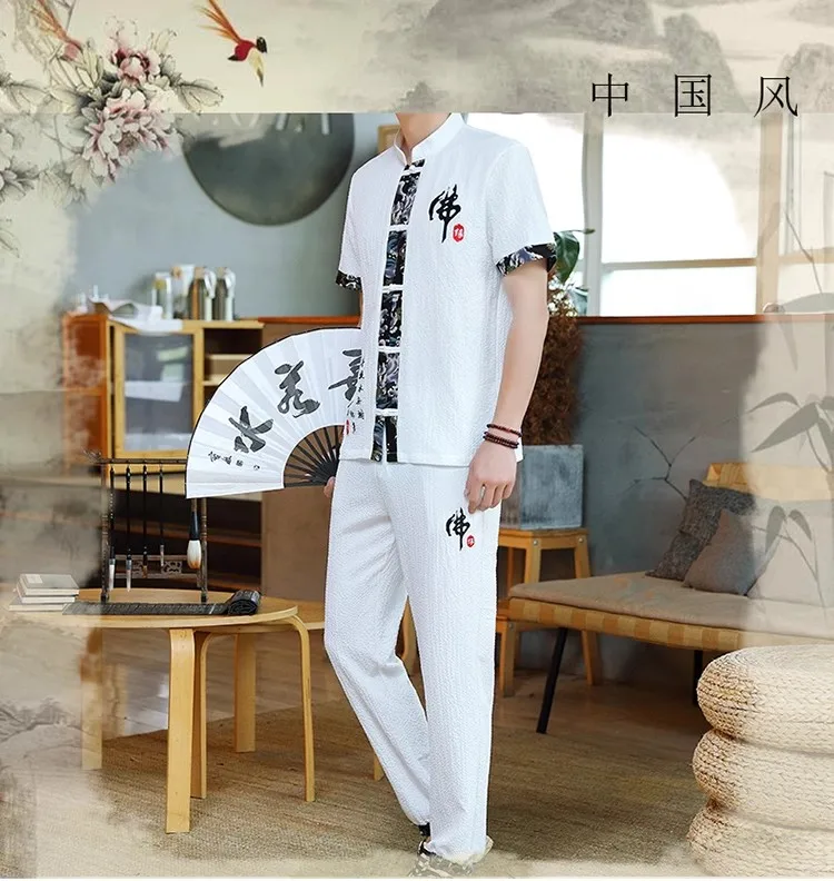 Shirts + Pants 2023 summer elastic waist Cotton short sleeve Men\'s Casual Sets Male Fashion trousers and shirts men size M-5XL