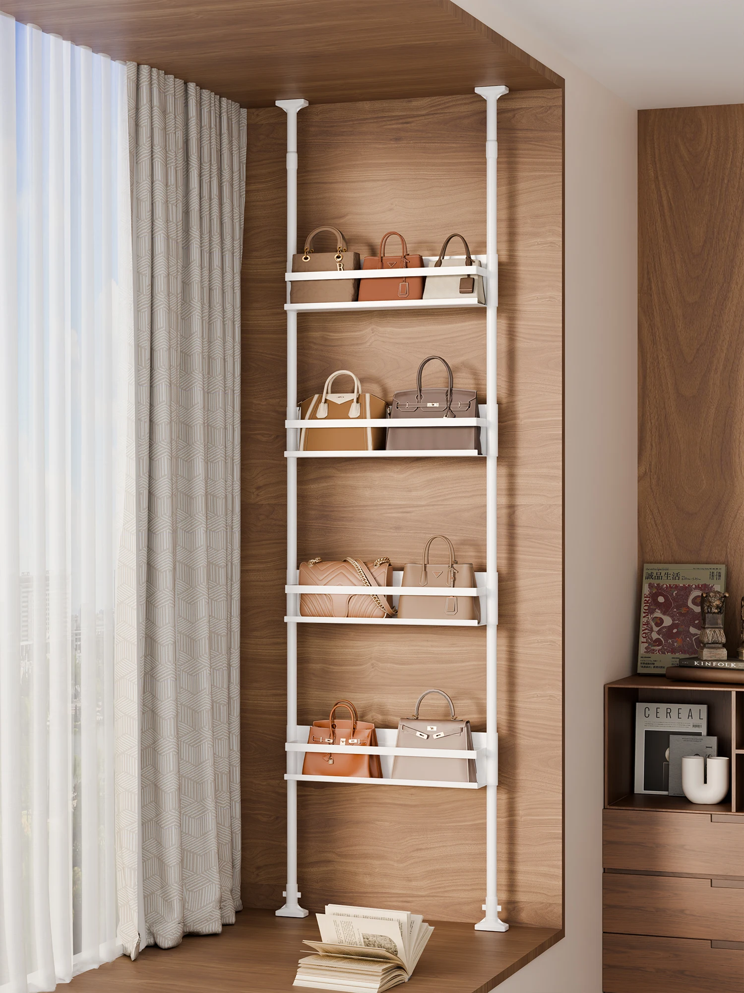 bay window, bag storage artifact, multi-layer bedroom shelves, wall finishing, window sill space renovation