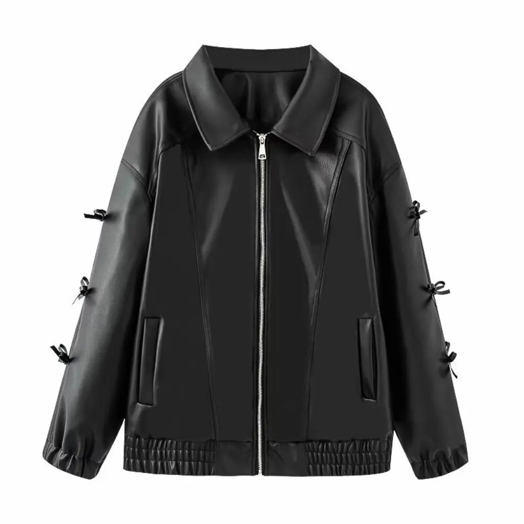 Primavera feminino arco detalhe jaqueta de couro na moda high-end estilo europeu e americano nicho outerwear
