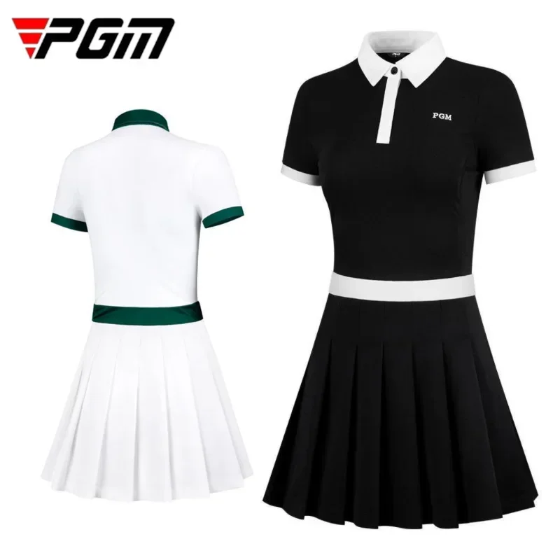 PGM New Lady Short-Sleeve Golf Polo Shirt Dress Slim Pleated Golf Dress High Waist Anti-expose Skirt Dresses Elastic Sport Wear