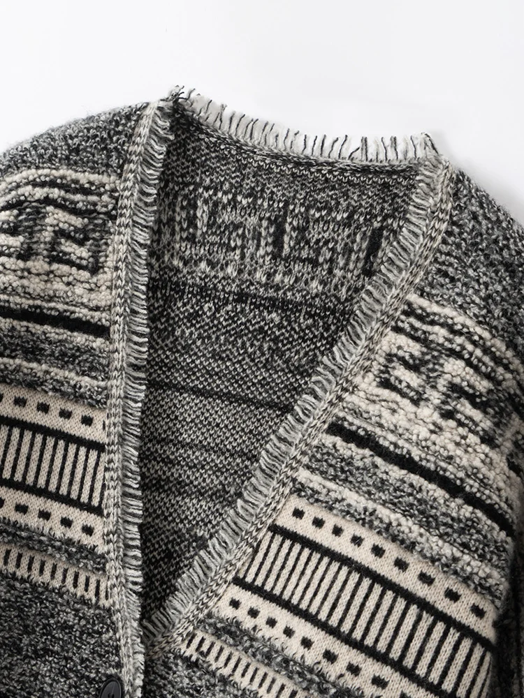 البوهيمي المرأة سترة سترة 100% الكشمير الخامس الرقبة الخريف الشتاء سميكة معطف شتاء منشفة التطريز الفرنسية شيك متماسكة معطف #4