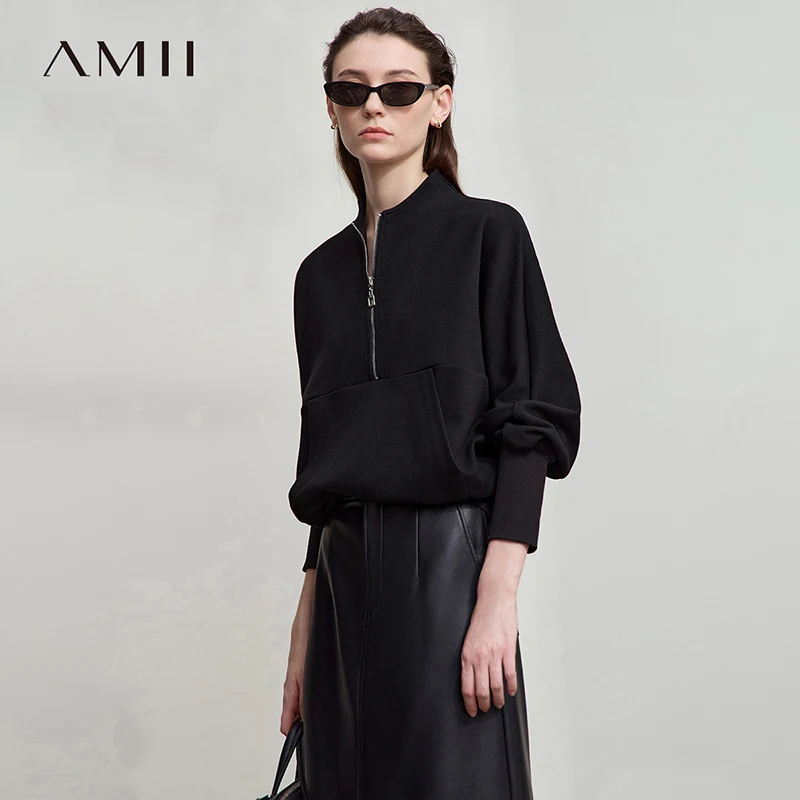 AMII المرأة هوديي عادية القطن فضفاض الوقوف طوق Batwing كم بلوزات للنساء 2025 الخريف كم طويل بلايز 12543116 #2