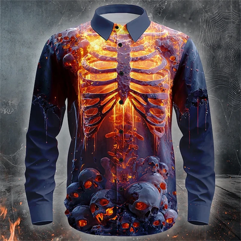 2025 New Men's Skeleton Flame Print Clothing Retro Button Shirt Long-sleeved Men's Loose Lapel Autumn and Winter Shirt Top