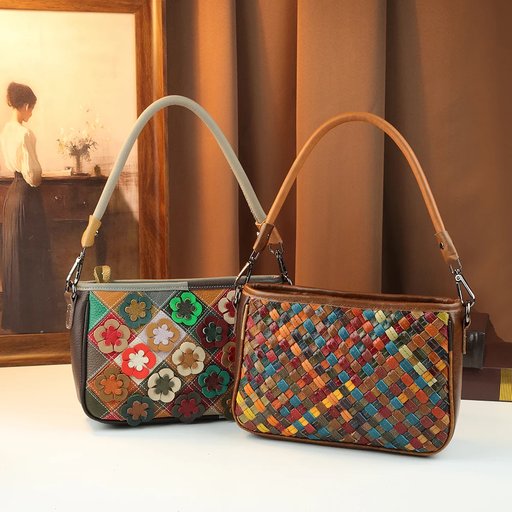 Retro Colorful Woven Genuine Leather Shoulder Bag Luxury Hand-Woven Multi-Color Patchwork Crossbody Bag Vintage Underarm Bag view 3