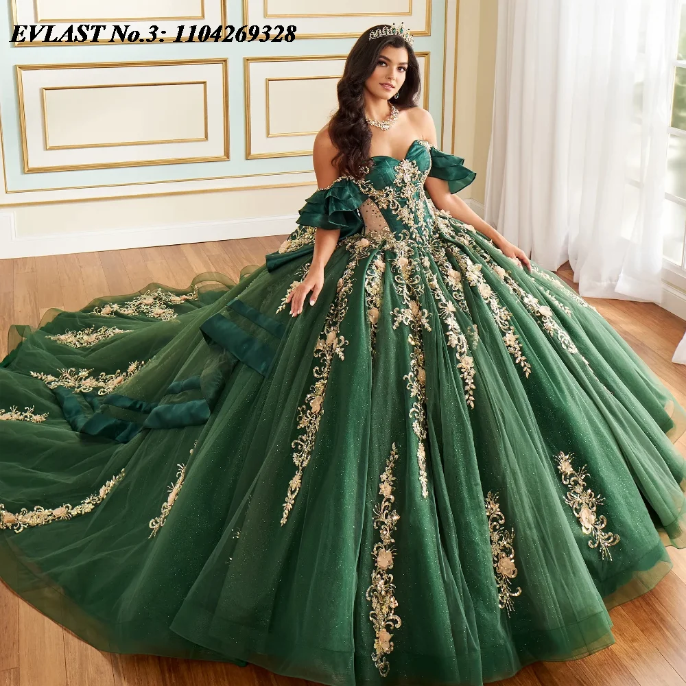 EVLAST Customized Dark Green Quinceanera Dress Ball Gown Gold Lace Applique Beading Tiered Sweet 16 Vestido De 15 Anos E3Q213