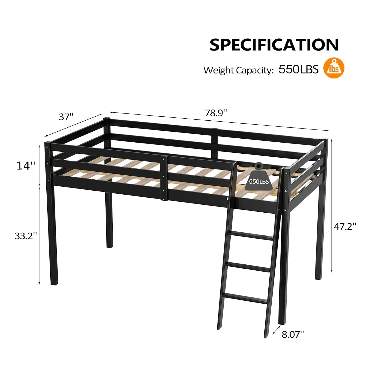 47'' Tall Junior Low Loft Bed with Stairs, Wood Loft Bed Twin Size for Adults, Kids and Young Teens, No Box Spring Required