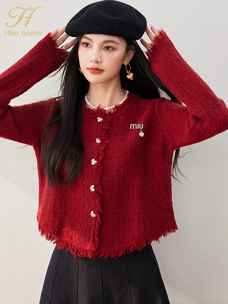 H Han Queen Autumn Winter Tassel Christmas Sweater Women Casual Basic Long Sleeve Knitwear Vintage Cardigans Top Female Clothing