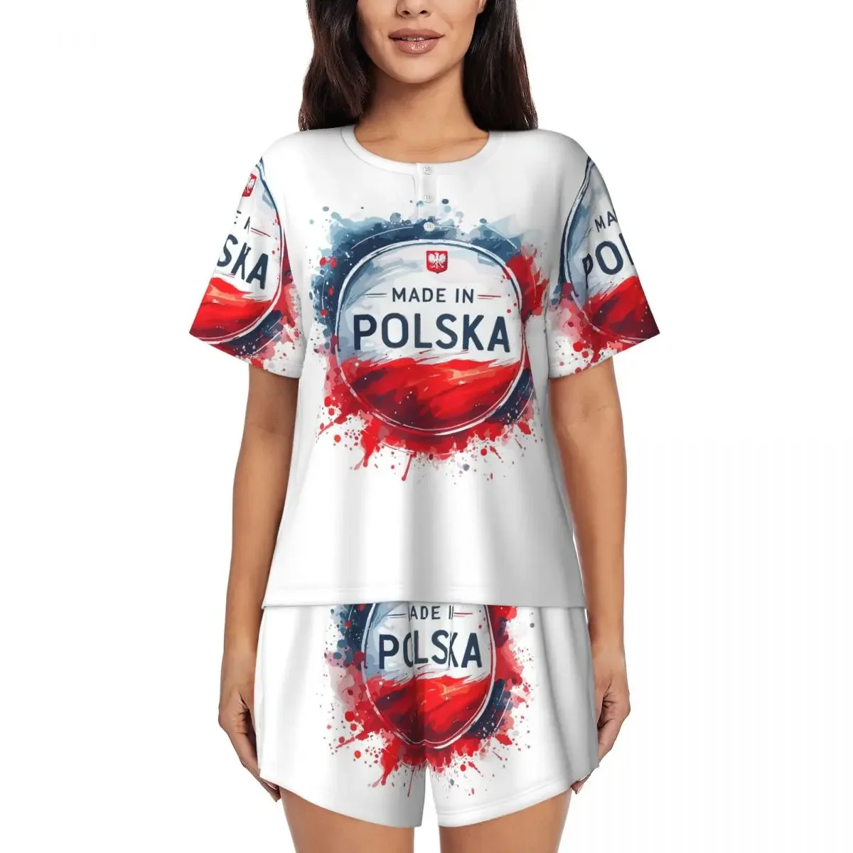 

Made In Polska Poland Polish Flag Red White Gift Round Neck Short Sleeves Nightdress for Sleeping Women Pajama Set Short Pants