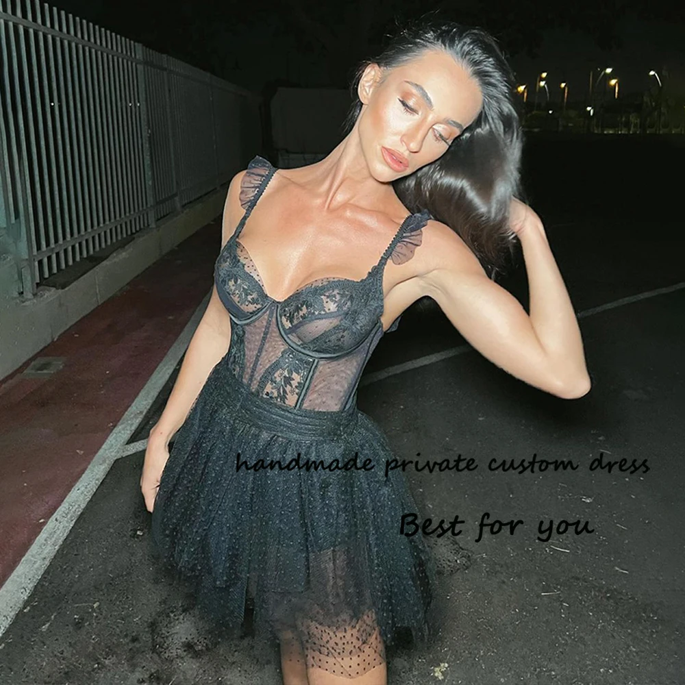 

Black Lace Tulle Short Prom Party Dresses Sweetheart Corset Spaghetti Straps Cocktail Gala Dress Above Knee Mini Evening Gowns