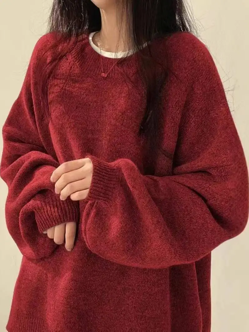Red Knit Loose Long Sleeve Sweater Women Fashion Korean Style Slit Overhead Top Autumn All Match Casual Wear