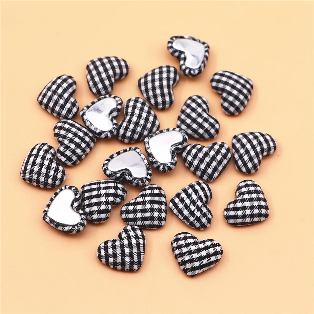 50pcs 17mm Black+White Lattice Fabric Covered Heart Buttons Home Garden Flatback Cabochon Crafts Scrapbooking DIY