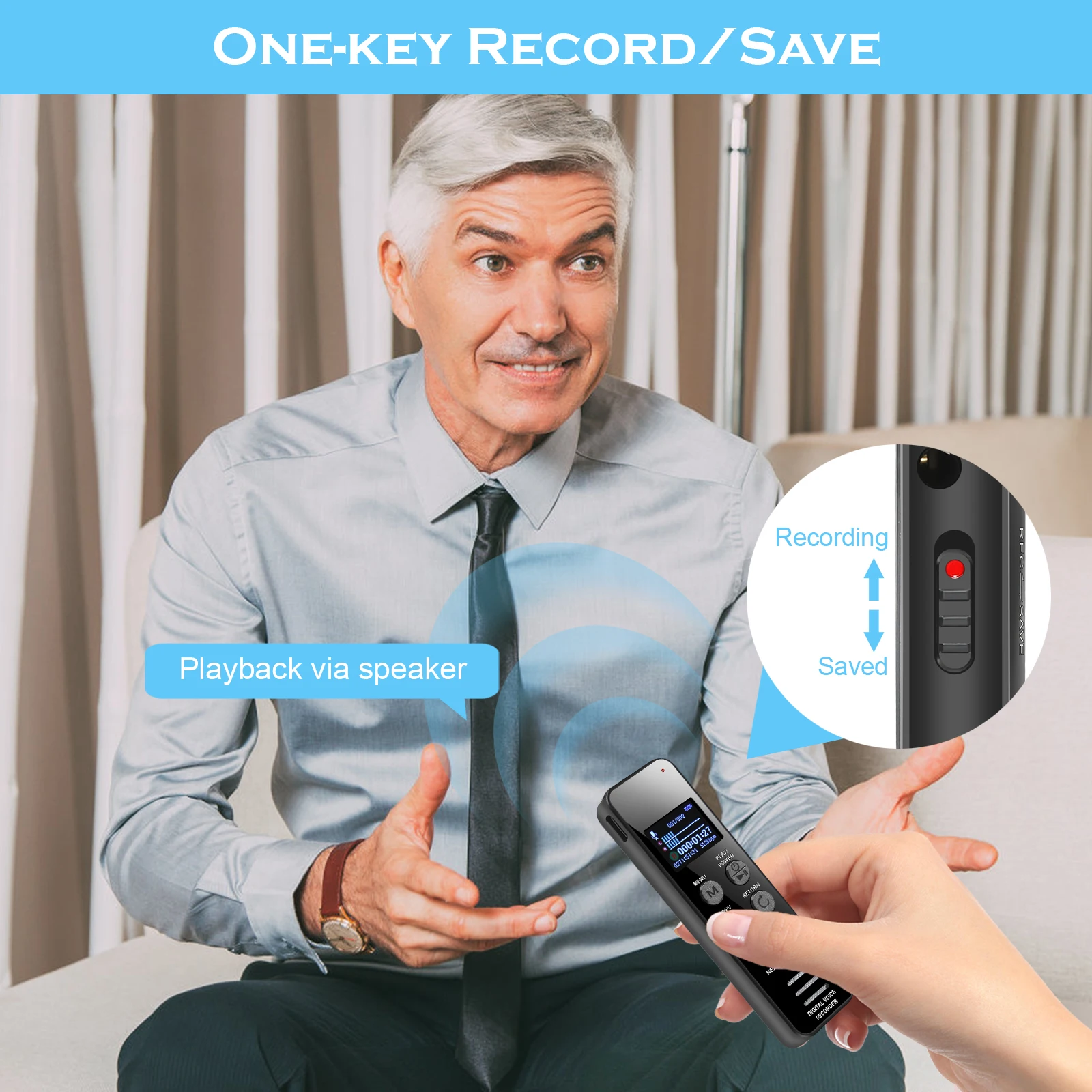 مسجل صوت Vandlion V63 1050mAH 100H وقت طويل سجل WAV 3072kbps HiFi تسجيل زر واحد لتسجيل الإملاء #4