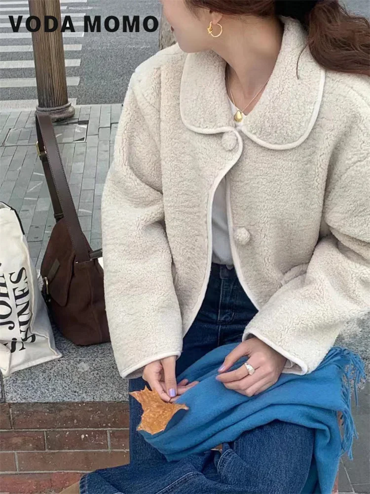 Women's Winter Sweet Korean stytle Warm Harajuku Plush Coat Lamb Fur Jacket Doll Collar Single Breasted Short Outerwears 2024