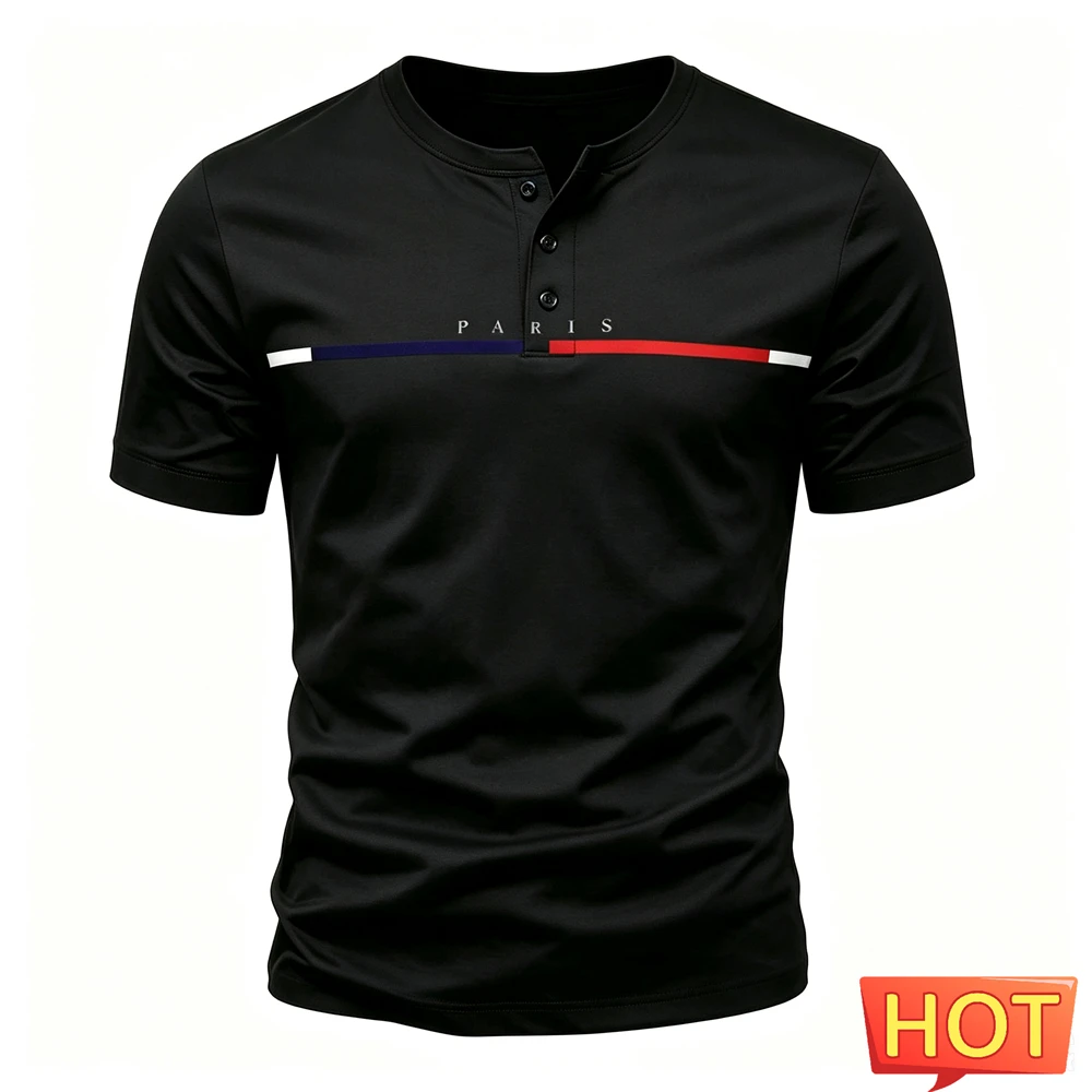 Funny Letter Stripe Print Men's Henley Shirt Summer Business Casual Henry Collar Short Sleeve Tees Fashion Loose Men Button Tops
